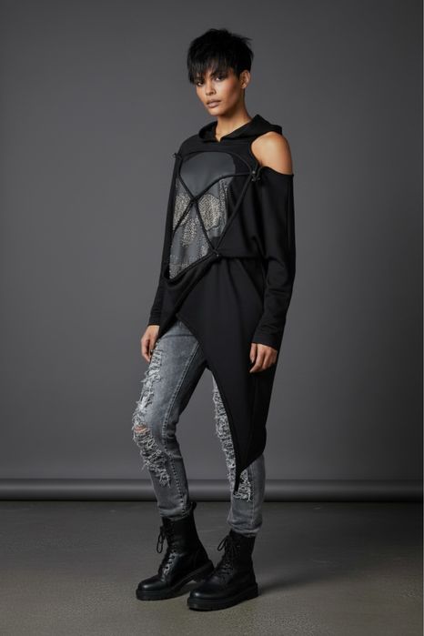 Redesign bluza kaptur tunika asymetryczna czaszka cyrkonie xs s m l xl