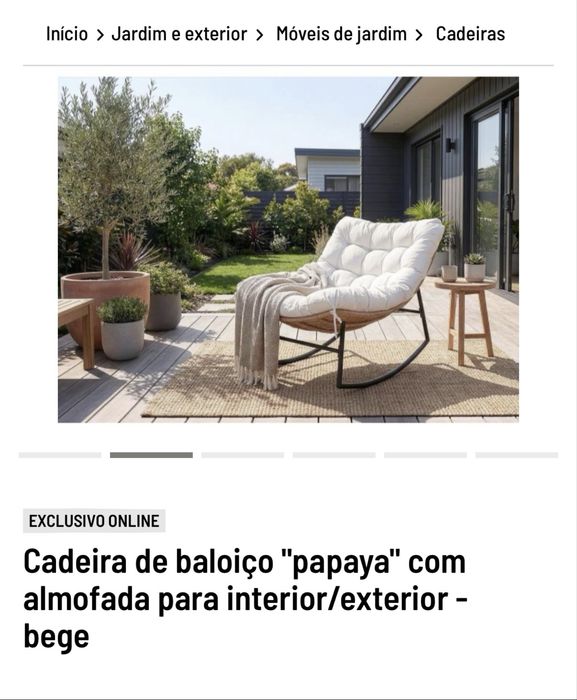 Cadeira de baloiço com almofada para interior/exterior - bege