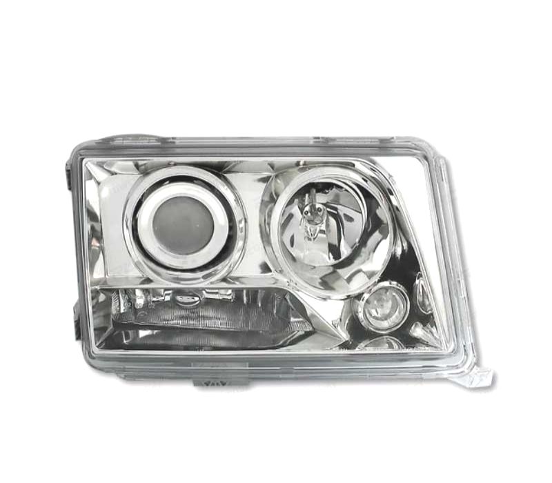 FARÓIS FRONTAIS ANGEL EYES PARA MERCEDES CLASSE E W124. FUNDO CROMADO
