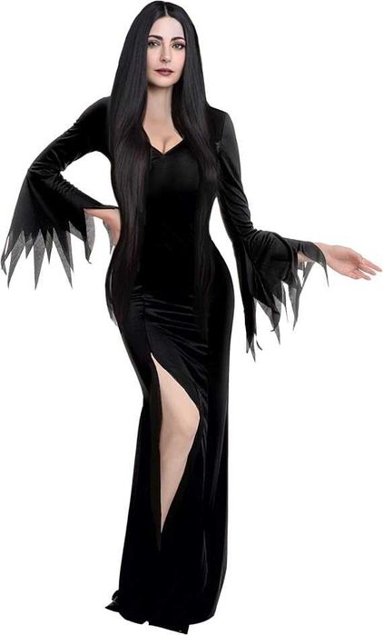 Sukienka czarna Gotycka z Rozporkiem Rozszerzane Rękawy r. S K453