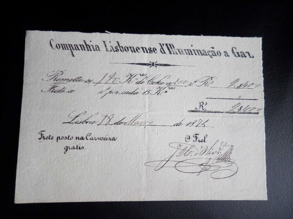 Recibo Manuscrito  1874 - 'Companhia Lisbonense d'Illuminação a Gaz'