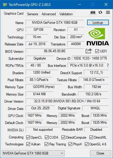 Видеокарта GigaByte GeForce GTX1060 6GB DDR5