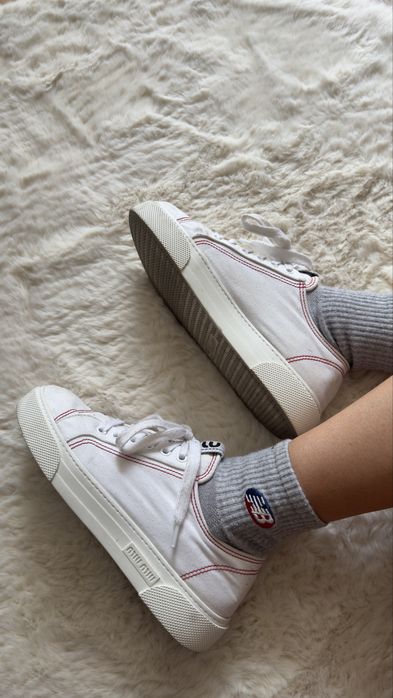 Miu Miu White Canvas Web Logo Red Stitch Lace Up Platform Sneakers