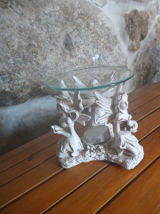 Estátua de Anjos com prato de vidro suporte de velas óleo terapêutico