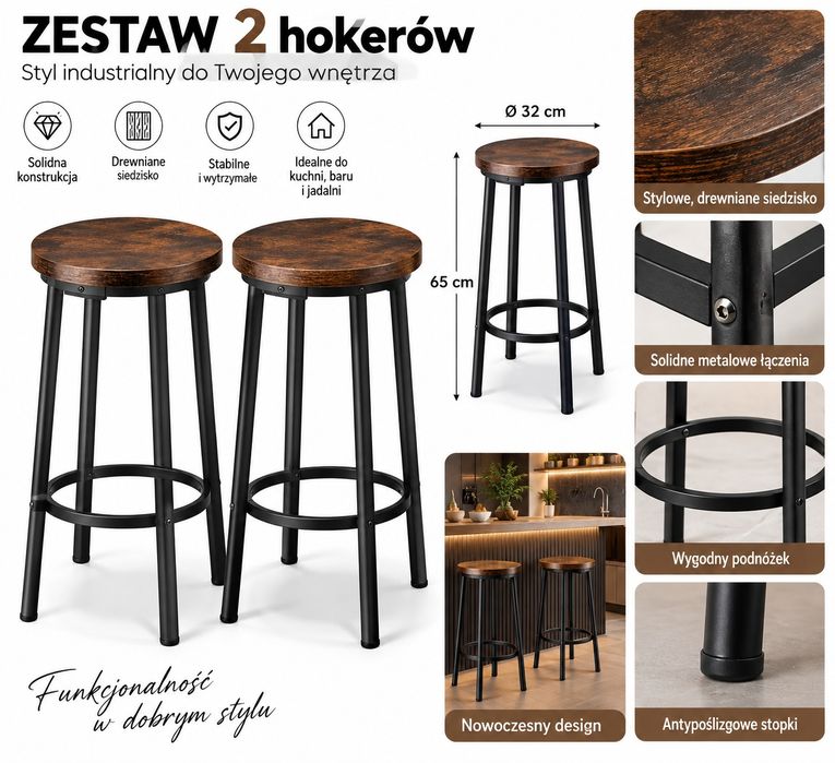 2x hoker stołek barowy industrialny drewno metal czarny NOWE