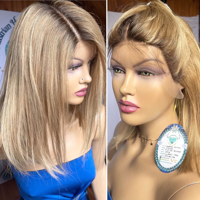 Натуральный парик имитация кожи славянский волос русый блонд корни