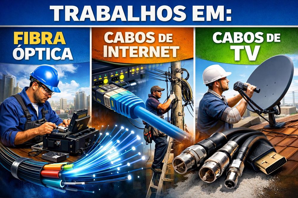 Fibra óptica, cabos de internet e cabos de tv .