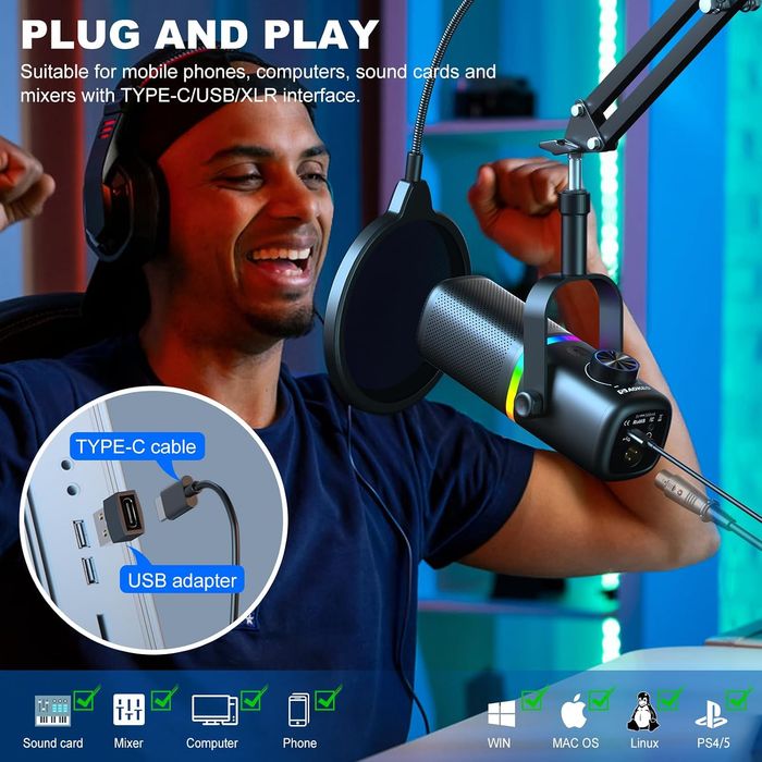 Mikrofon Aokeo AK-10 USB Dynamiczny RGB Z Ramieniem Do PC PS5