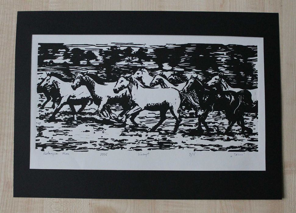 linoryt grafika konie tabun koni oryginalna odbitka A3 koń