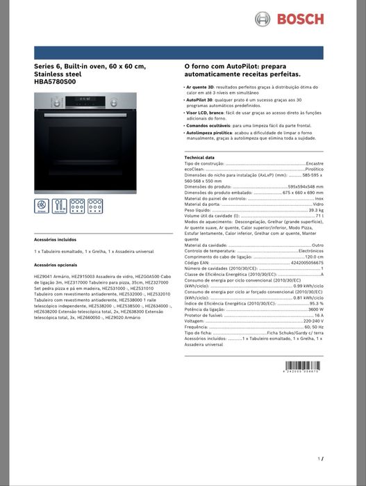 Forno Bosch Série 6 HBA5780S00 – Pirolítico – Excelente Estado