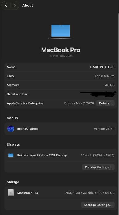 MacBook Pro 14" M4 Pro (14C CPU / 20C GPU) • 48GB RAM • 1TB SSD • Como Novo