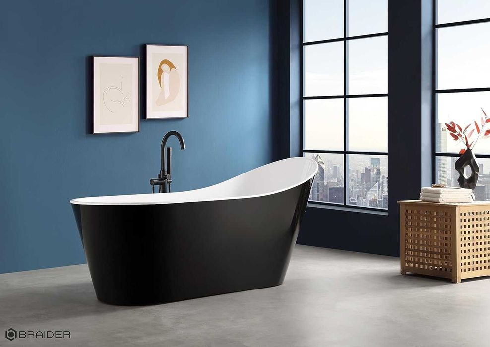 BRAIDER Akrylowa Wanna Wolnostojąca MEMORIA 150 x 75 cm Czarno - biała