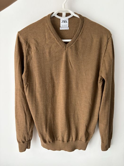 Brązowy sweter męski Zara M wełna 100% merino