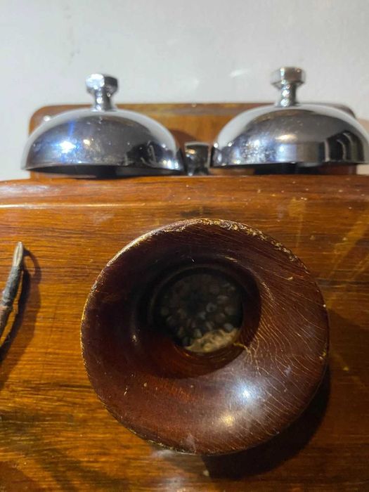 Telefone de parede antigo 1915 – Estojo de madeira, mostrador rotativo, caixa eletrônico mecanismo Liverpool