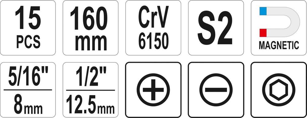 Набір викруток з магнітними наконечниками 15 шт. YATO YT-28015