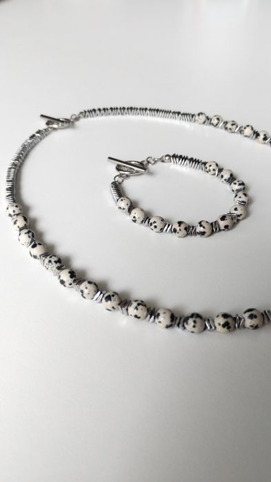 Komplet biżuterii jaspis dalmatyński stal chirurgiczna hematyt