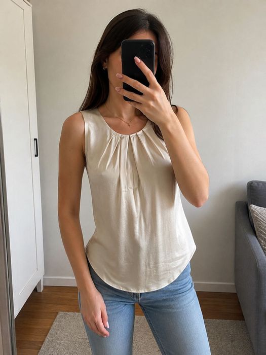 Hallhuber XS jedwabna bluzka top beżowa elegancka jedwab wiskoza silk blend beige top satin blouse