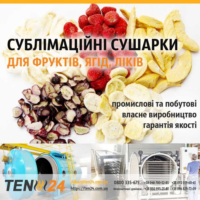 Сублімаційна сушарка для фруктів, ягід, ліків промислова на замовлення