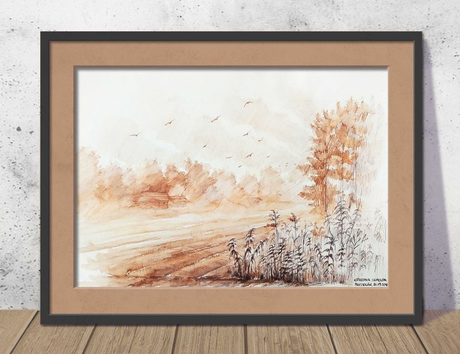 Obraz Rysunek odręczny 35 x 50 - Kredka, akwarela - drzewa, krajobraz