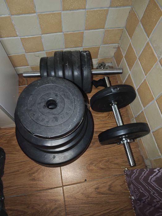 Штанга: два грифи та набір диски + 1 гриф для гантелі
