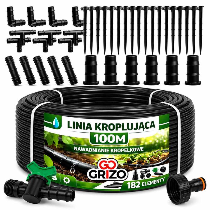 Linia kroplujaca fi 16 zestaw 100m + 182el nawadnianie kropelkowe wąż kropelkujący