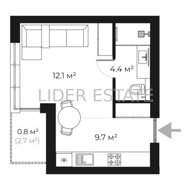 "Продаж квартири в ЖК «Park Land», Ужгород, 1 кімната, 27 м²"