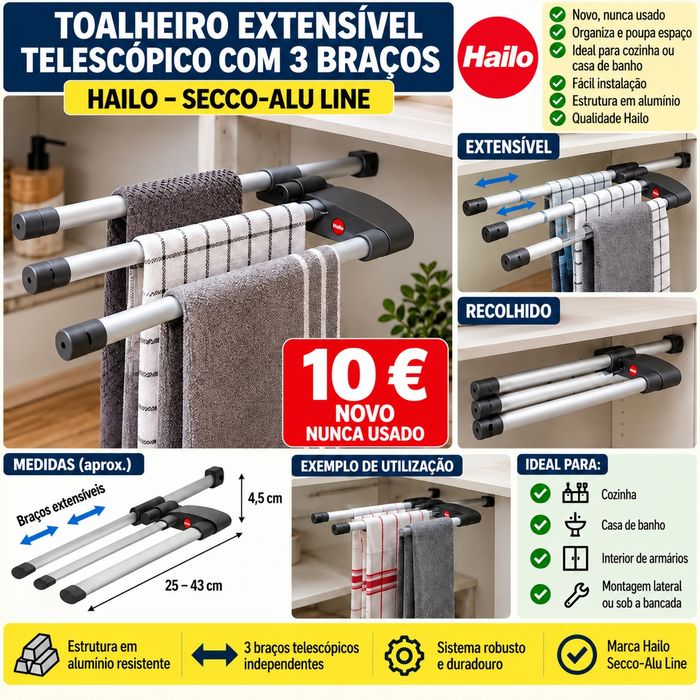 Toalheiro Extensível Telescópico Hailo – 3 Braços | Novo