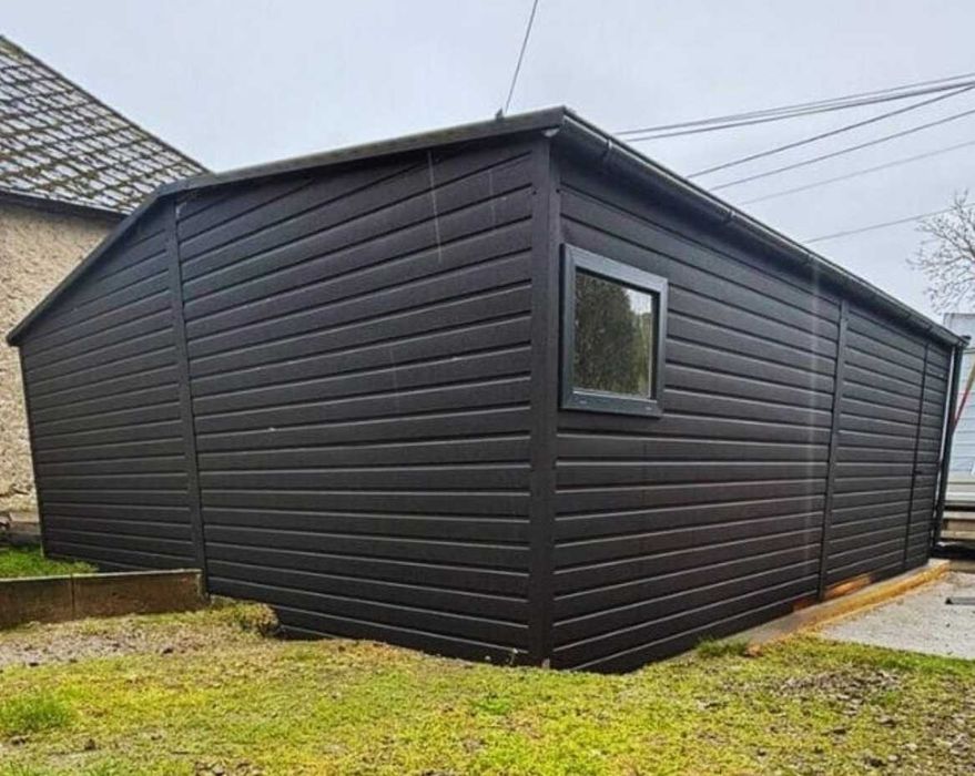 Garaż blaszany 6x6 czarny dwustanowiskowy dwuspadowy brama uchylna