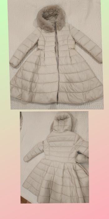 Quispo beje/creme e carapuço de pêlo