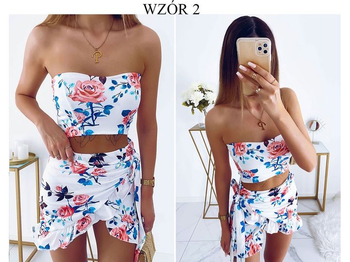 Komplet Letni Kobiecy Top Spódniczka Mini Wzory