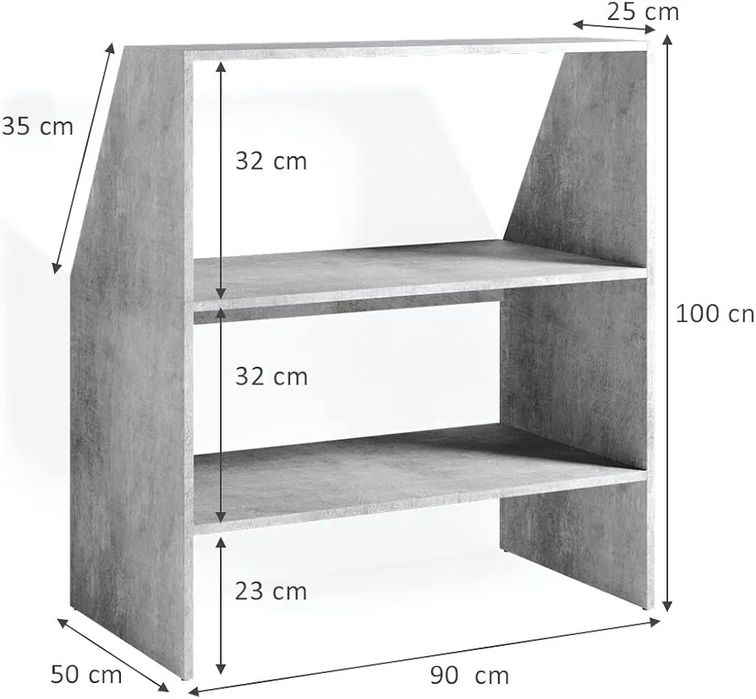 Duży Regał skośny, półka na poddasze, kolor Szary Beton