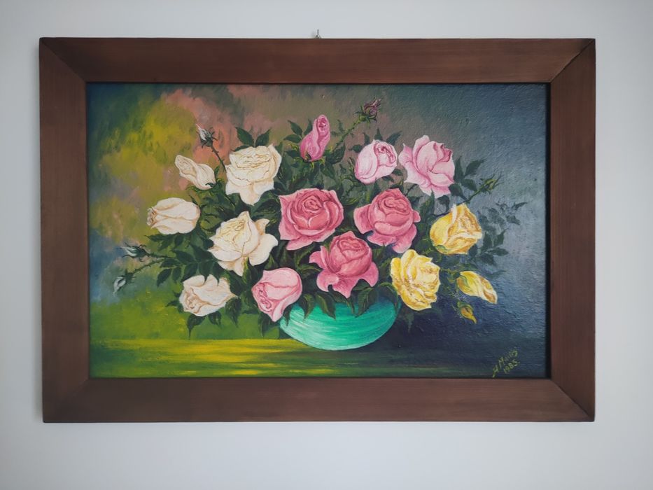 Duży obraz malowany, drewniana rama, róże, kwiaty, ozdoba ścienna