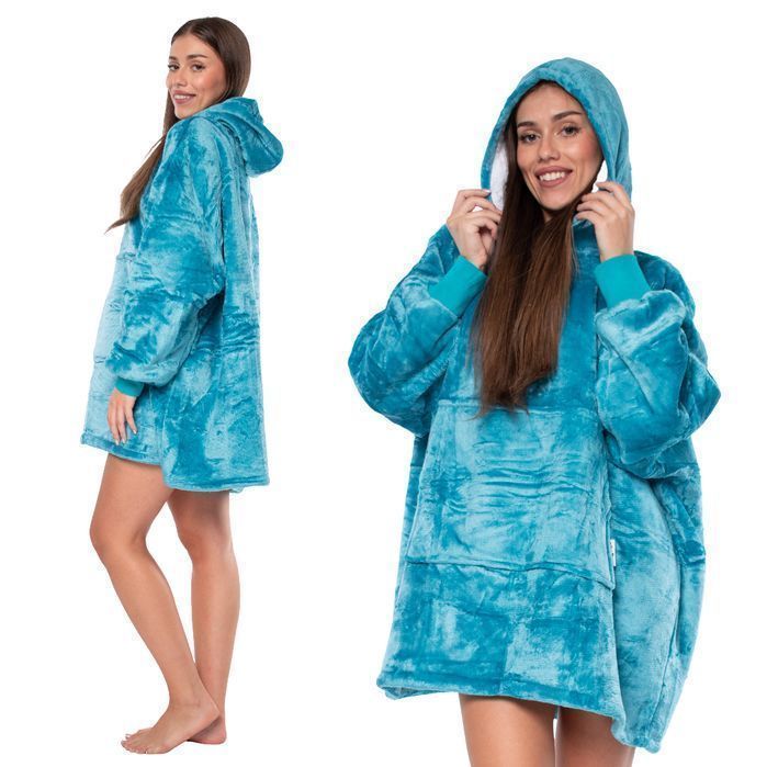 Bluza Koc Kocobluza 2w1 Oversize XXL z Kapturm Gruba Sherpa Niebieska