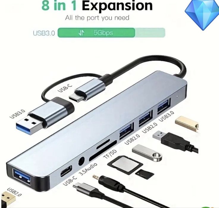 Продам юсб хаб USB-C HUB 8 в 1 (USB 3.0 / HDMI / SD / TF / Audio)