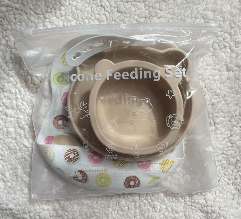 Silikonowy zestaw do jedzenia dla dzieci beżowy miś