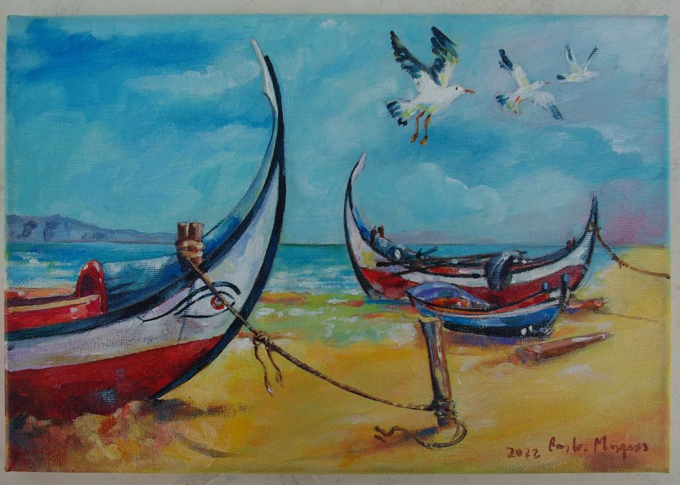 Pintura de Barcos de pesca. Costa da Caparica. Acrilico sobre tela