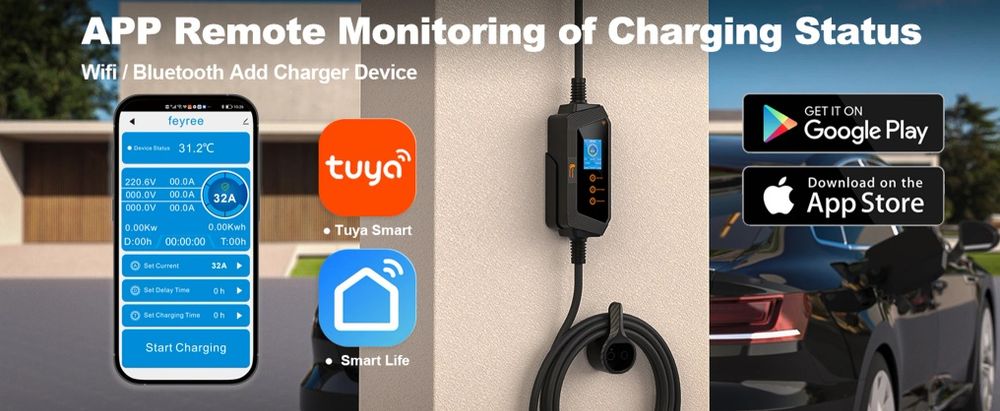 FEYREE 32A 7kW Type 1 Wi-Fi друга версія  зарядка для електромобіля J1772 Type 1 | Регулювання 6-32A | Таймер | IP66 | Кабель 5м