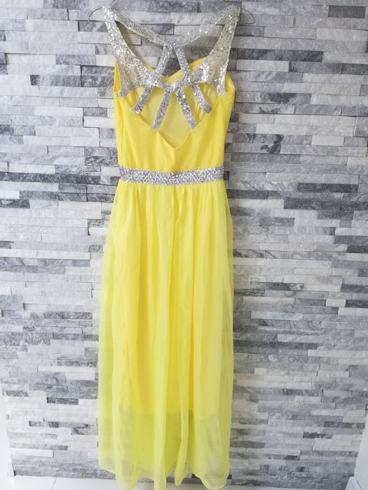 Żółta zwiewna długa sukienka, kanarkowa suknia na wesele, lato rozm S