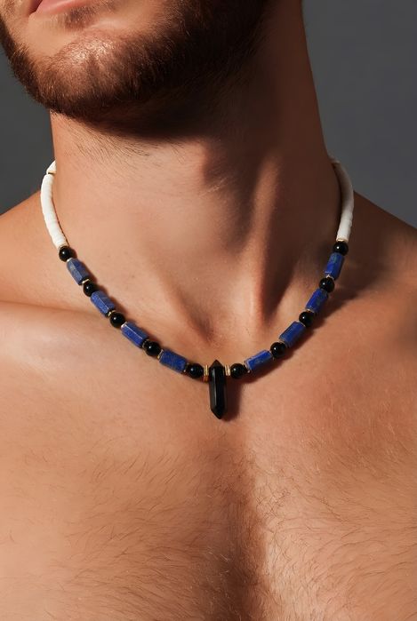 Naszyjnik męski - Lapis Lazuli, Onyks, Hematyt - stal szlachetna - PVD