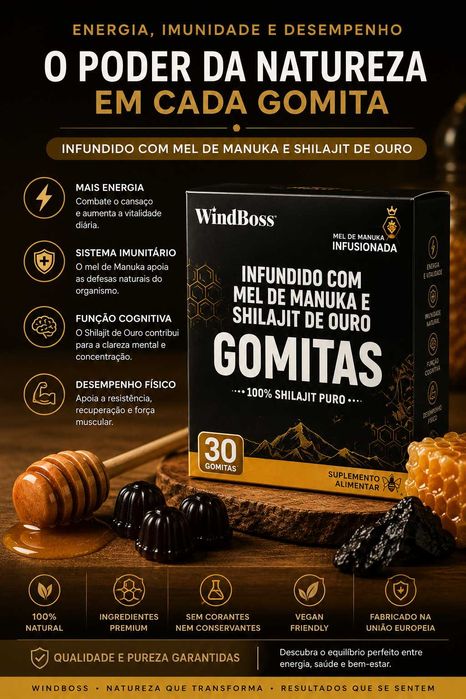 Gomas Shilajit de Ouro com Mel. saborosas e fáceis de integrar na tua rotina diária.