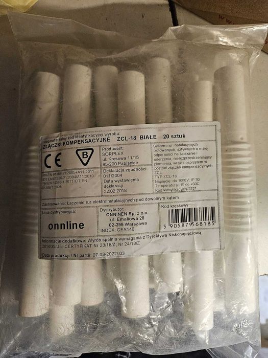 Złączka do rur elektroinst. PP ZCL 18 biała, opakowanie 20 sztuk