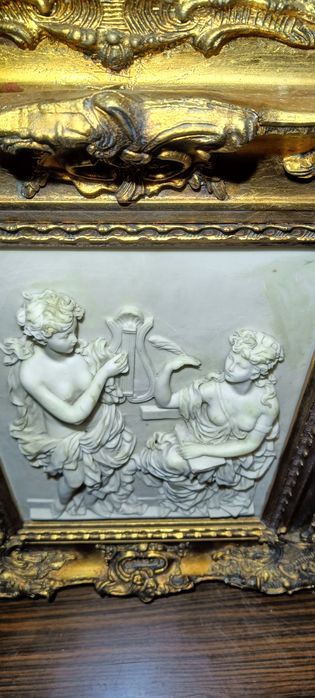 Antyczna Płaskorzeźba Obraz  Alabaster  Barokowa złocona Rama Unikat