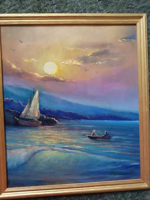 Картина маслом- парусник. Море. Закат