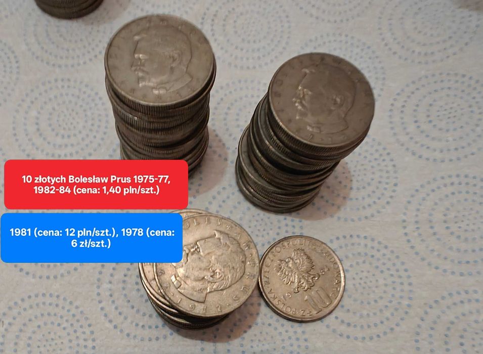 Monety polskie obiegowe PRL 10, 20 zł Mickiewicz, Prus, Nowotko itp.