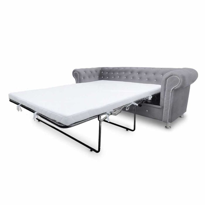 Sofa chesterfield od ręki w beżowym welurze z funkcją spania