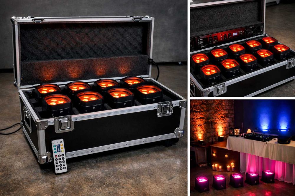 Conjunto de Iluminação Par LED Profissional (8 Projetores com Bateria e Flight Case)