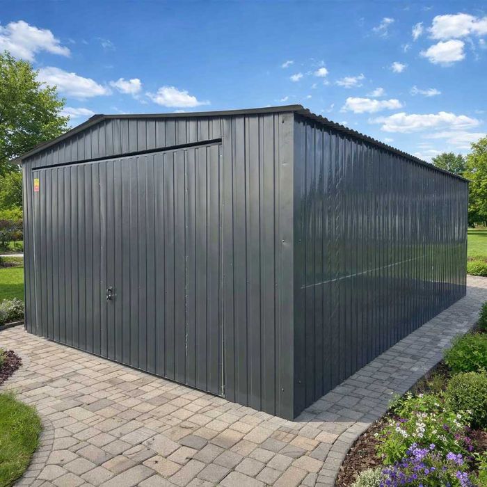 Garaż blaszany 4x5 RAL 7016 Brama Podnoszona Dach Dwuspadowy, Obróbki