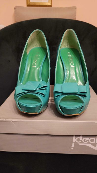 buty zielone turkusowe koturny szpilki na obcasie