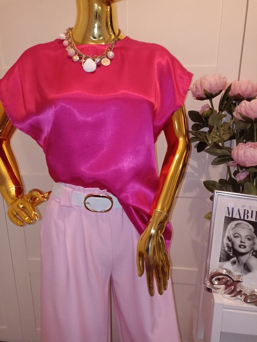 Satynowa,bluzka z krótkim rękawem fuksja R.42