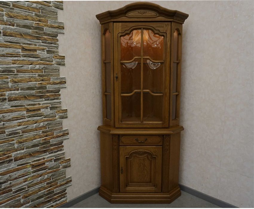 Witryna z Komodą Narożna Rogowa Dębowa 65x65 cm Wypukłe Szybki  ( P-1434 )